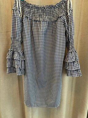 Style House Mini Dress Size M. Off the Shoulder Dress. Navy and White Checkered‎